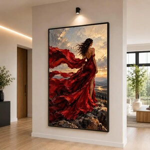 Stunning Red Dress Canvas Print, Elegant Wall Art for Living Room, Dramatic Sunset Scene, Modern Home Decor, Unique Artwork