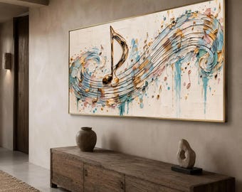 May include: A large rectangular canvas painting featuring a prominent gold musical note centered amidst swirling, textured brushstrokes of blue, gold, and cream. The composition includes scattered musical notes and abstract paint drips.