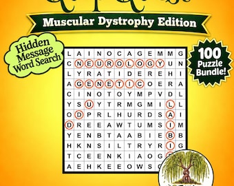 Può includere: Un gioco di ricerca parole Quip Quest Muscular Dystrophy Edition su sfondo giallo. La griglia presenta lettere cerchiate che formano Neurology, Genetic e Disability. Include un badge 100 Puzzle Bundle e un logo Not All Weepy.