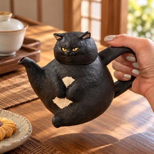 May include: A black ceramic teapot shaped like a round, seated cat with yellow eyes. The cat figure has a textured surface, pointed ears, and two white patches on its chest and belly. A spout extends from the side, and a handle is on the back.
