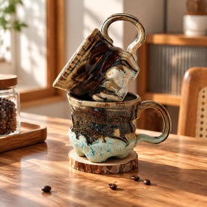 May include: Two stacked ceramic mugs with a rustic, uneven texture. The mugs feature a dark brown, glossy glaze on the upper portion that transitions into a textured, light blue-green base. Each mug has a curved handle and a wide rim.