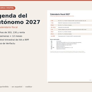 Puede incluir: Agenda digital 2027 para autónomos en español con calendario fiscal, fechas límite para modelos 303, 130 y renta, 53 semanas, 12 meses, control trimestral de IVA e IRPF y aviso de Verifactu sobre un fondo de color beige claro.