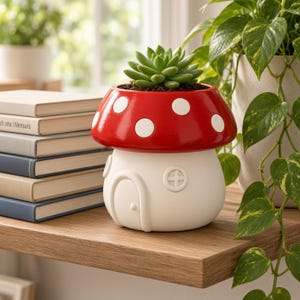 May include: A mushroom-shaped ceramic planter with a glossy red cap featuring white spots and a matte white base molded to resemble a small house with a door and window. A green succulent plant is potted inside the top opening.