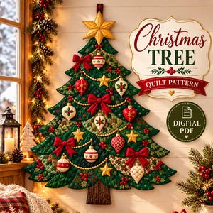 May include: A quilted wall hanging shaped like a Christmas tree, featuring green fabric, red bows, gold stars, and hanging ornaments. Text on the right reads Christmas TREE QUILT PATTERN and DIGITAL PDF. The design includes a brown trunk.