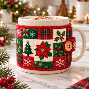 May include: A white ceramic mug featuring a removable quilted fabric cozy. The cozy displays a patchwork pattern of red, green, and white squares with embroidered Christmas trees, poinsettias, snowflakes, holly, and plaid, secured by a wooden button.