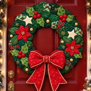 May include: A quilted fabric Christmas wreath featuring dark green leaves, red poinsettia flowers, small red berry clusters, and cream-coloured stars. A large, quilted red bow with gold trim is attached to the bottom, accented with embroidered gold snowflakes.
