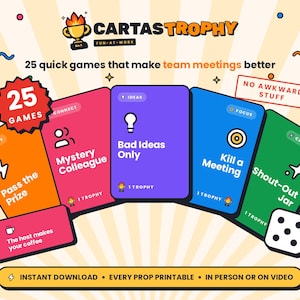 Könnte beinhalten: Ein CartasTrophy Kartenspiel-Set mit 25 schnellen Spielen für Team-Meetings. Das Set enthält bunte Karten mit den Aufschriften Energy, Connect, Ideas, Focus und Celebrate, eine Preisticket-Karte und einen weißen Würfel. Text: 25 Games, No Awkward Stuff.