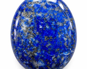 May include: An oval-shaped lapis lazuli gemstone with a polished, smooth surface. The stone features a deep royal blue base color with scattered inclusions of metallic gold pyrite flecks and patches of white calcite throughout the surface.