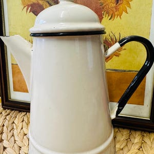 Vintage Enamel Coffee Pot Cream Black 8” Cottage ware Decor
