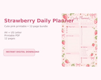 Planificador diario imprimible Strawberry: Horario rosa, lista de tareas (PDF)