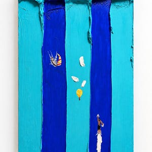 May include: A textured oil painting featuring vertical stripes of bright turquoise and deep blue. The composition includes a small sailboat with a striped sail, a yellow hot air balloon, white clouds, and a figure standing on a white column.