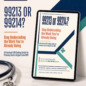 May include: A digital tablet displays a 13-page PDF guide titled 99213 or 99214? Stop Undercoding the Work You're Already Doing, a practical E/M coding guide for primary care and urgent care NPs, featuring a stethoscope in the foreground.