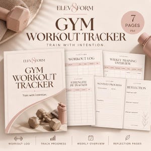 Puede incluir: Un conjunto de 7 páginas PDF de seguimiento de ejercicios de gimnasio en tonos beige y marrón. Las páginas incluyen un registro de entrenamiento, resumen semanal, seguimiento de fuerza PR, progreso mensual y secciones de reflexión con texto.