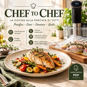 Può includere: Una guida digitale intitolata CHEF TO CHEF, un circolatore a immersione sous vide impostato a 56,0 gradi e un piatto di petto di pollo cotto con verdure arrosto tra cui asparagi, carote e pomodori, con testo informativo in italiano.