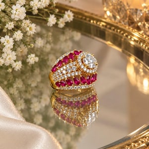 May include: A gold ring featuring a large central round clear stone surrounded by a halo of smaller clear stones, accented by rows of marquise-cut red stones and additional clear pavé stones set along the wide, tapered band.