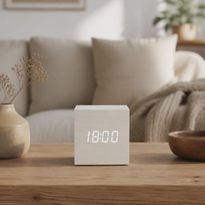 May include: A cube-shaped digital alarm clock with a light wood grain finish. The front face displays the time 18:00 in bright white LED numbers. The clock has a smooth, minimalist exterior and a clean, boxy design.