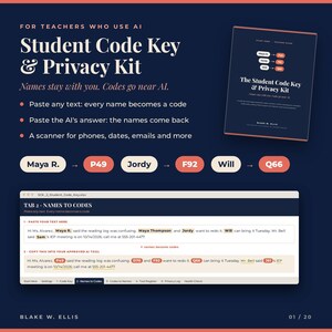 KI für Lehrkräfte: Datenschutzpaket für Schüler | Excel-Code-Schlüsseltausch: Schülernamen gegen Codes | Lehrerkarte | Elternbrief mit KI (Englisch/Spanisch)