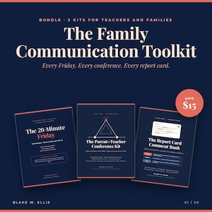 Puede incluir: Un paquete de tres kits educativos titulado The Family Communication Toolkit, que incluye The 20-Minute Friday, The Parent-Teacher Conference Kit y The Report Card Comment Bank. Las portadas azul oscuro tienen texto y gráficos en blanco y coral.