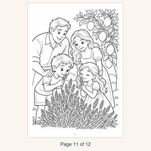 May include: A black and white coloring page illustration featuring a family of four standing in a garden. Two adults and two children are gathered around a lavender bush, with a lemon tree in the background. The text Page 11 of 12 is visible.
