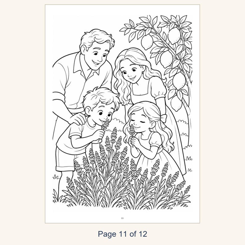May include: A black and white coloring page illustration featuring a family of four standing in a garden. Two adults and two children are gathered around a lavender bush, with a lemon tree in the background. The text Page 11 of 12 is visible.