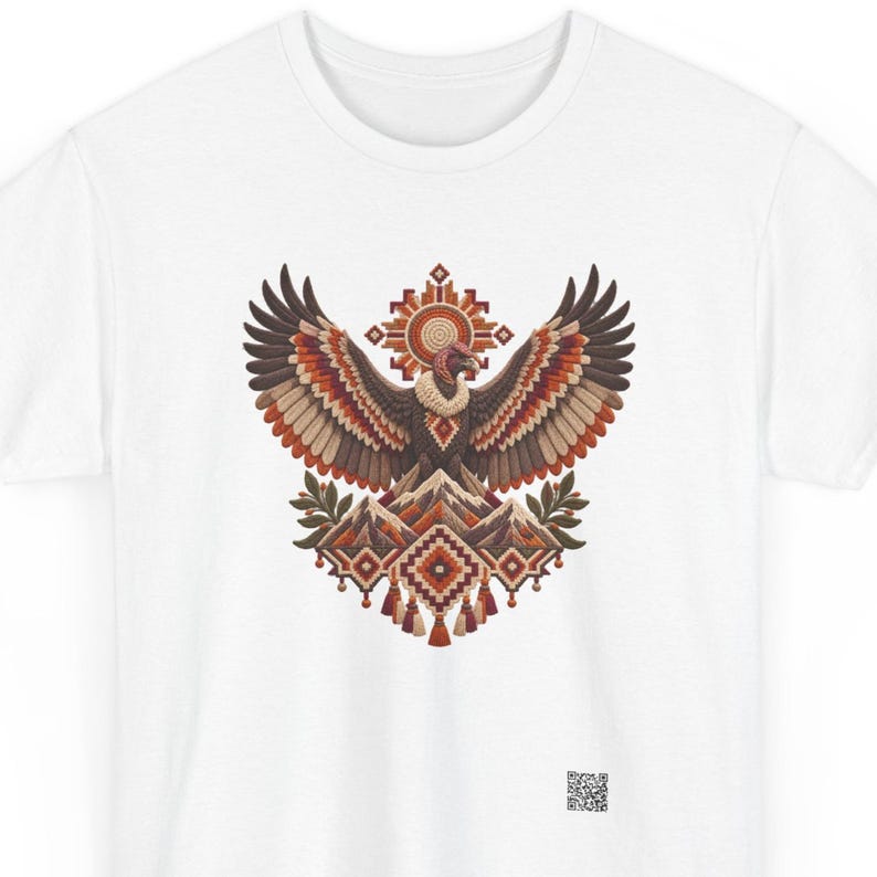 Andean condor shirt, Andean condor with spread wings over the snowy Andes and a golden sun, front print of the t-shirt.