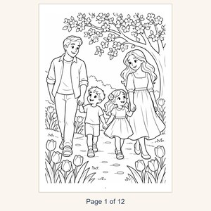 May include: A black and white coloring page illustration featuring a family of four walking together under a flowering tree. The scene includes a parent, another parent, a young boy, and a young girl, all surrounded by tulips. The text Page 1 of 12 is at the bottom.
