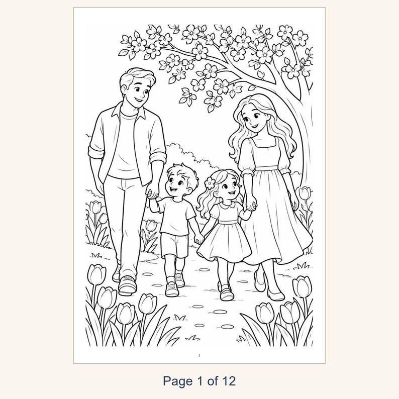 May include: A black and white coloring page illustration featuring a family of four walking together under a flowering tree. The scene includes a parent, another parent, a young boy, and a young girl, all surrounded by tulips. The text Page 1 of 12 is at the bottom.