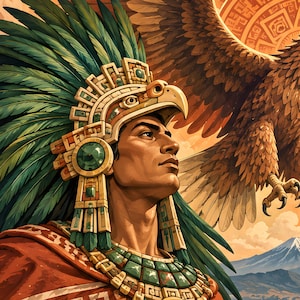 May include: A person wearing an elaborate headdress with long green feathers and gold-toned geometric ornaments, paired with a matching collar. A large brown eagle with spread wings is positioned behind the figure against a sunlit sky.