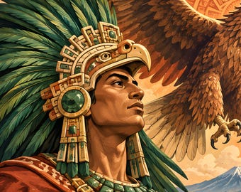Printable Aztec Wall Art, Eagle Warrior over Tenochtitlan Digital Download, Aztec Warrior Art Print, Mexican Heritage Decor, Chicano Art