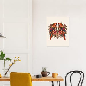 スカーレットマコーのポスター、トロピカルフォークアートプリント、熱帯雨林のオウムのペアの壁飾り 画像 8