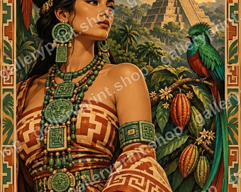 Digital Download Mayan Woman Art, Quetzal Bird and Jungle Pyramid Printable Wall Art, Guatemala Art Print, Latin American Decor for Her