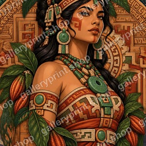 Druckbares Porträt einer Maya-Frau, Jade-Schmuck und Kakaoschoten (digitaler Download), Maya-Wandkunst, mexikanischer Kunstdruck, Geschenkidee für lateinamerikanische Wanddekoration