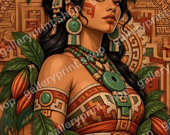 Printable Mayan Woman Portrait, Jade Jewelry and Cacao Pods Digital Download, Mayan Wall Art, Mexican Art Print, Latina Wall Decor Gift
