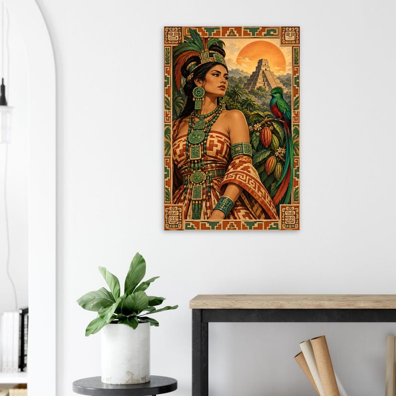 Mayan Woman Poster, Quetzal and Pyramid, Guatemala Wall Art Print image 3