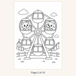 Kids Coloring Book Printable, Cute Animals at the Amusement Park Coloring Pages, 10 Page PDF for Children, Instant Download Kids Activity image 4