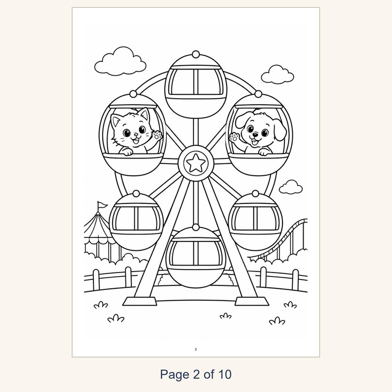 Kids Coloring Book Printable, Cute Animals at the Amusement Park Coloring Pages, 10 Page PDF for Children, Instant Download Kids Activity image 4