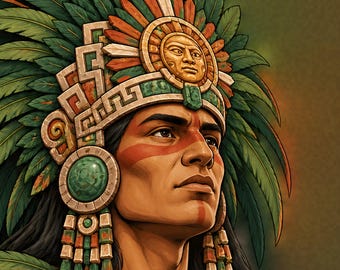 Fine Art Giclée Print, Aztec Warrior with Green Feather Headdress, Aztec Wall Art, Mexican Heritage Art, Latin American Art Print