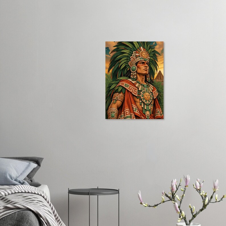 Aztec warrior with green feather headdress, matte poster.