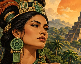 Fine Art Giclée Print, Mayan Woman with Quetzal Bird and Jungle Pyramid, Mayan Wall Art, Quetzal Print, Guatemala Latin American Art