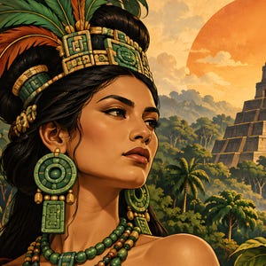 May include: A person wearing an ornate green and gold headdress with tall feathers, large circular green earrings with rectangular pendants, and a multi-strand green beaded necklace, set against a backdrop of a stone pyramid and jungle.