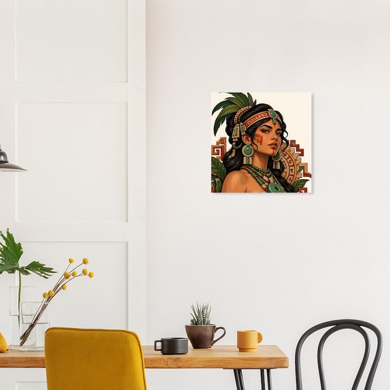Mayan woman portrait with jade earrings and red face paint, square poster. A square wall art print featuring a portrait of a person with dark hair adorned with green feathers and a decorative headband.