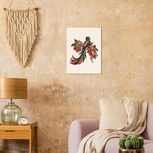 Resplendent Quetzal Poster, Guatemala Folk Art Print, Bird and Cacao Wall Decor image 2
