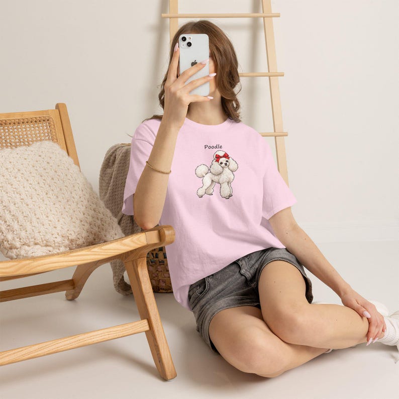 Realistic Poodle Mom T-Shirt, Show-Cut Poodle with Red Bow, Cotton Tee image 9