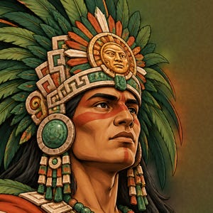 Aztec wall art, Aztec warrior with green feather headdress, matte poster.
