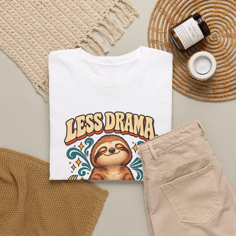 Less Drama More Karma Sloth T-Shirt, Meditating Sloth Graphic Tee, Funny Zen Yoga Shirt, Sloth Lover Gift, Good Vibes Tee image 5