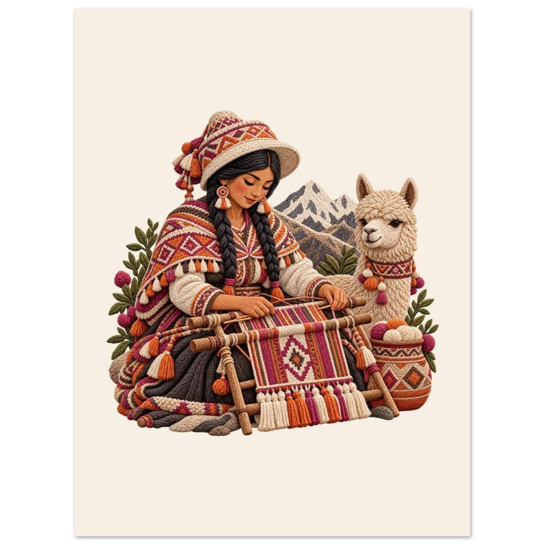 Estampe d'art populaire péruvien, affiche représentant une tisserande andine et un lama, femme au métier à tisser image 2