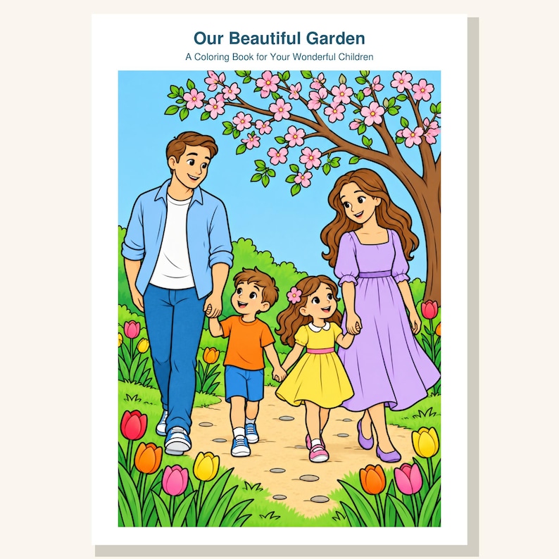 May include: A coloring book titled Our Beautiful Garden: A Coloring Book for Your Wonderful Children. The cover features a cartoon illustration of a family walking through a garden with pink flowers, green grass, and colorful tulips.
