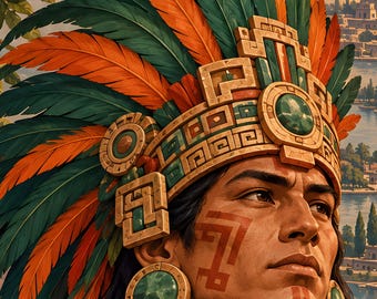 Aztec Warrior Jigsaw Puzzle with Toucan and Tenochtitlan City, Mexican Puzzle for Adults, 1000 Piece Puzzle, Chicano Art Gift for Him