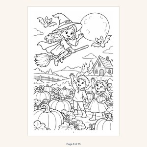 May include: A black and white coloring page illustration featuring a witch flying on a broomstick above a pumpkin patch. Two children stand among the pumpkins waving at the witch. Bats fly near a large full moon above a small house.