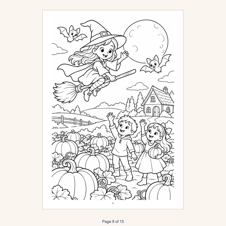 May include: A black and white coloring page illustration featuring a witch flying on a broomstick above a pumpkin patch. Two children stand among the pumpkins waving at the witch. Bats fly near a large full moon above a small house.